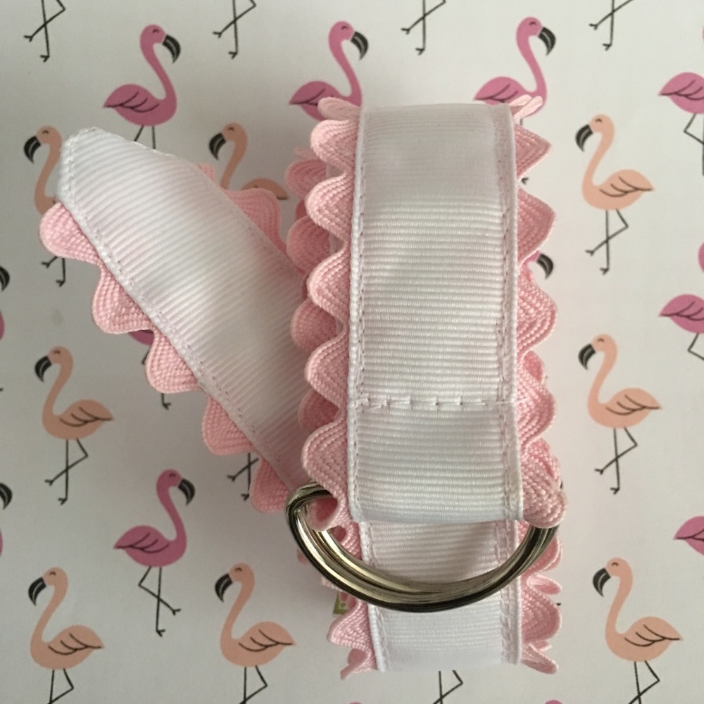 White grosgrain belt with pink trim.